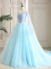 Blue Sweetheart Neck Tulle Lace Long Prom Dress, Blue Evening Dress