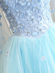 Blue Sweetheart Neck Tulle Lace Long Prom Dress, Blue Evening Dress