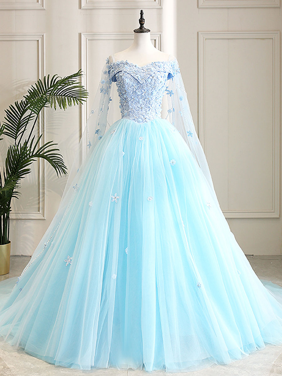 Blue Sweetheart Neck Tulle Lace Long Prom Dress, Blue Evening Dress