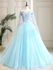 Blue Sweetheart Neck Tulle Lace Long Prom Dress, Blue Evening Dress