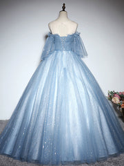 Blue Sweetheart Neck Tulle Lace Long Prom Dress, Blue Evening Dress