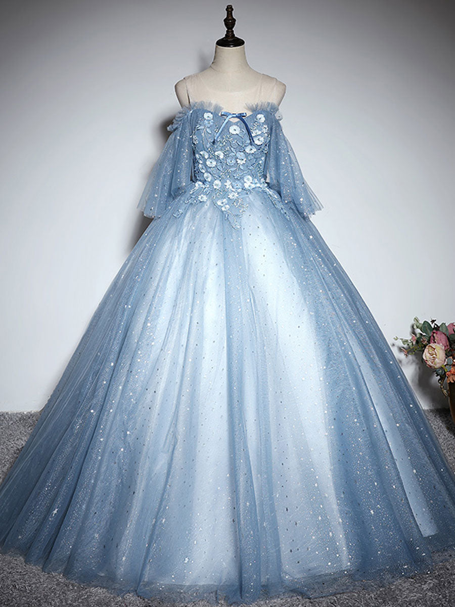 Blue Sweetheart Neck Tulle Lace Long Prom Dress, Blue Evening Dress