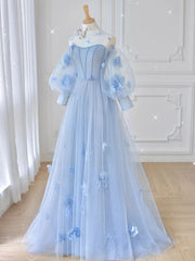 Blue Sweetheart Tulle 3D Flower Long Prom Dress, Blue Evening Dress