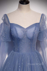 Blue sweetheart tulle sequin long prom dress blue formal dress