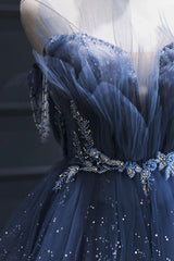 Blue Tulle Beaded Long Senior Prom Dress, A-Line Strapless Evening Party Dress