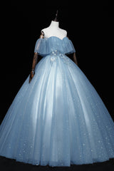 Blue Tulle Lace Long A-Line Ball Gown, Off the Shoulder Formal Evening Gown