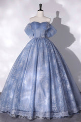 Blue Tulle Lace Long Ball Gown, Off the Shoulder Formal Evening Gown