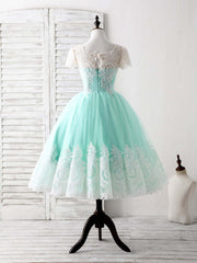 Blue Tulle Lace Short Prom Dress Blue Bridesmaid Dress