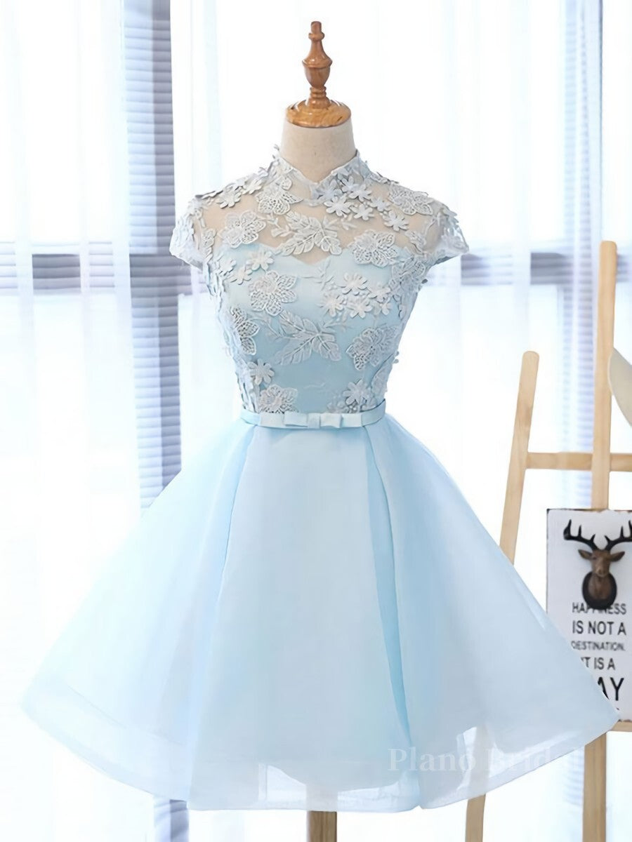 Blue tulle lace short prom dress, blue tulle lace homecoming dress