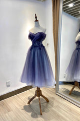 Blue Tulle Lace Short Prom Dress, Off the Shoulder Evening Party Dress