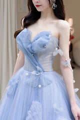 Blue Tulle Long A-Line Prom Dress Party Dress, Blue Evening Dress