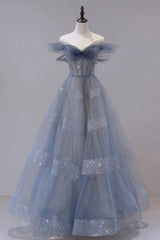 Blue Tulle Long A-Line Prom Dress