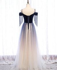 Blue Tulle Long Prom Dress Blue Tulle Formal Dress with Beading Velvet