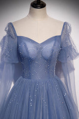 Blue Tulle Long Sleeve Prom Dress, A-Line Blue Evening Party Dress