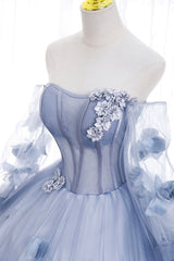 Blue Tulle Long Sleeves Formal Dress with Flowers, Blue A-Line Prom Dress