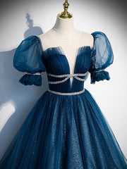 Blue Tulle Off Shoulder Long Prom Dress, Blue Tulle Formal Dress