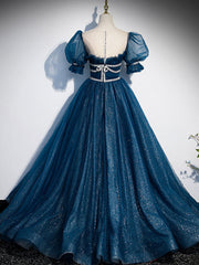 Blue Tulle Off Shoulder Long Prom Dress, Blue Tulle Formal Dress