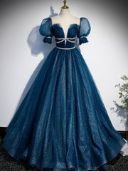 Blue Tulle Off Shoulder Long Prom Dress, Blue Tulle Formal Dress