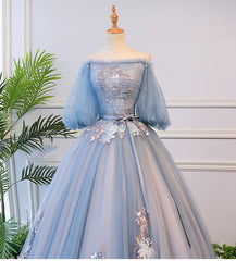 Blue Tulle Off Shoulder with Lace Floral Long Party Dress, Cute Party Dress Prom Dress