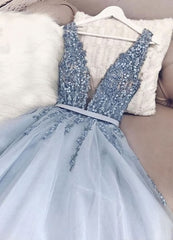 Blue v neck tulle beads long prom dress, evening dress