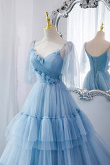 Blue V-Neck Tulle Long Prom Dress, A-Line Evening Party Dress