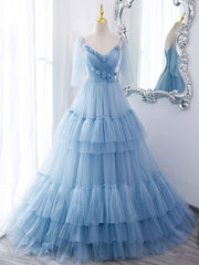 Blue v neck tulle long prom dress, blue tulle formal dress