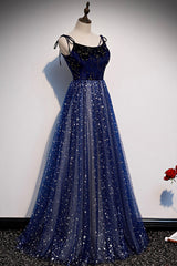 Blue Velvet Tulle Long A-Line Prom Dress, Blue Spaghetti Straps Evening Dress