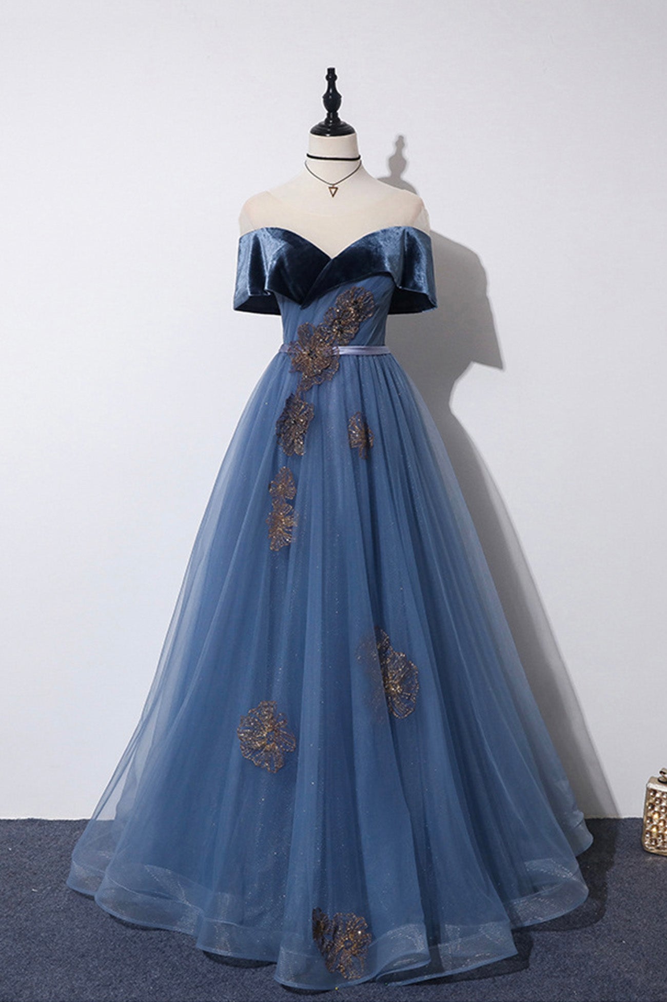 Blue Velvet Tulle Long A-Line Prom Dress, Off the Shoulder Evening Dress