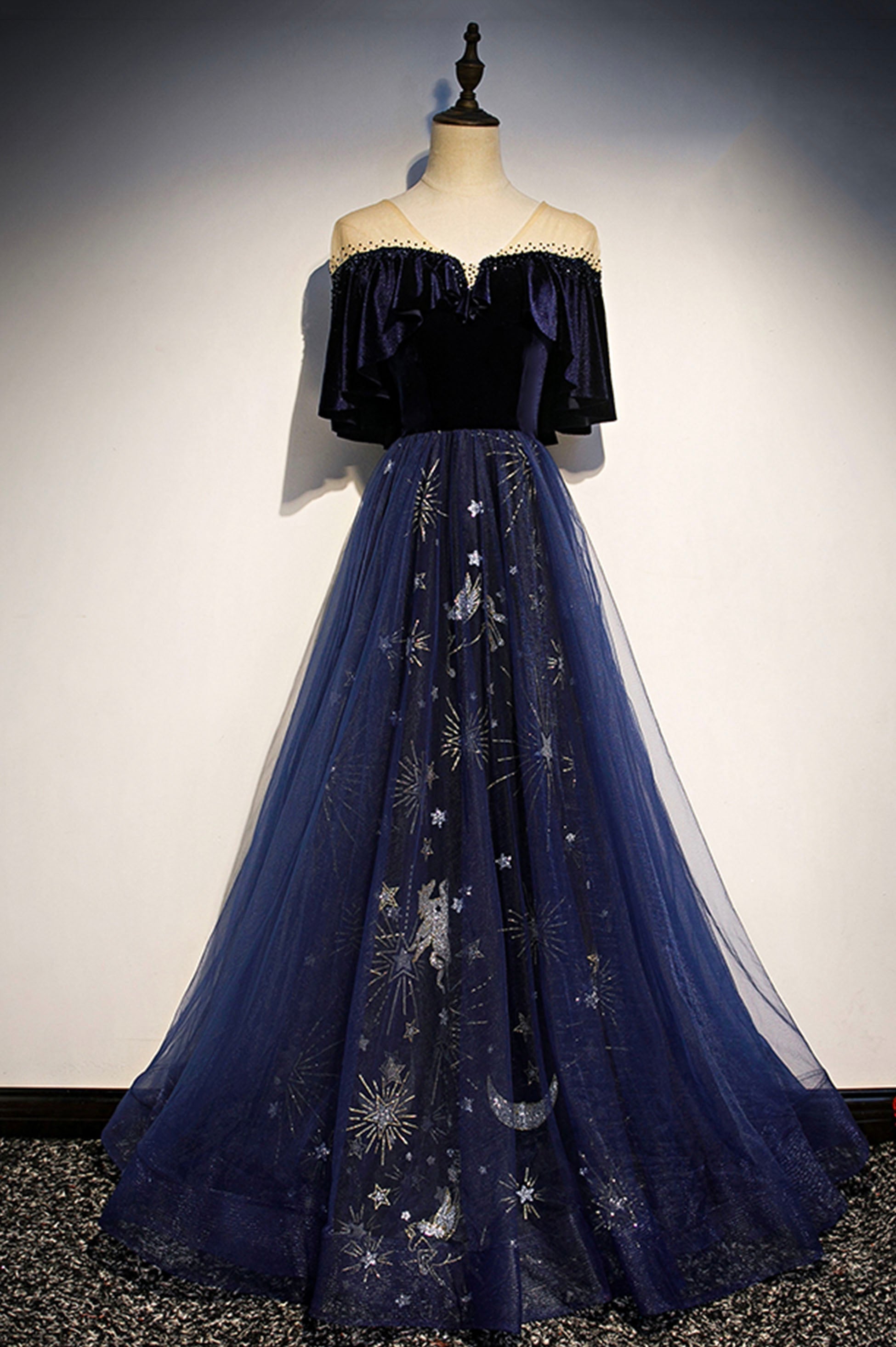 Blue Velvet Tulle Long Prom Dress, A-Line Blue Evening Party Dress