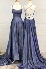 Blue A-Line Backless Long Prom Dresses, Blue Evening Dresses