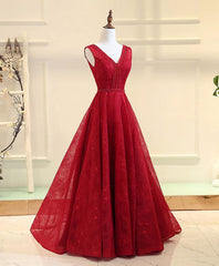 Burgundy V Neck Lace Long Prom Gown Burgundy Evening Dress