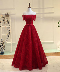 Burgundy a Line Lace Long Prom Dress, Burgundy Evening Dress