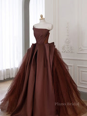 Brown Satin Tulle Long Prom Gown, Brown Long Evening Dresses