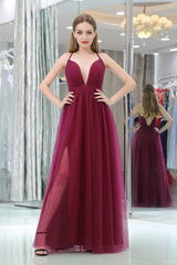 Burgundy A Line Floor Length Deep V Neck Sleeveless Side Slit Prom Dresses