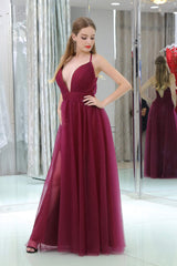 Burgundy A Line Floor Length Deep V Neck Sleeveless Side Slit Prom Dresses