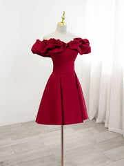 Burgundy A-Line Off Shoulder Satin  Short Prom Dress, Burgundy Homecoming Dress