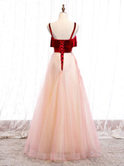 Burgundy A-line Tulle Lace Long Prom Dress Tulle Formal Dress