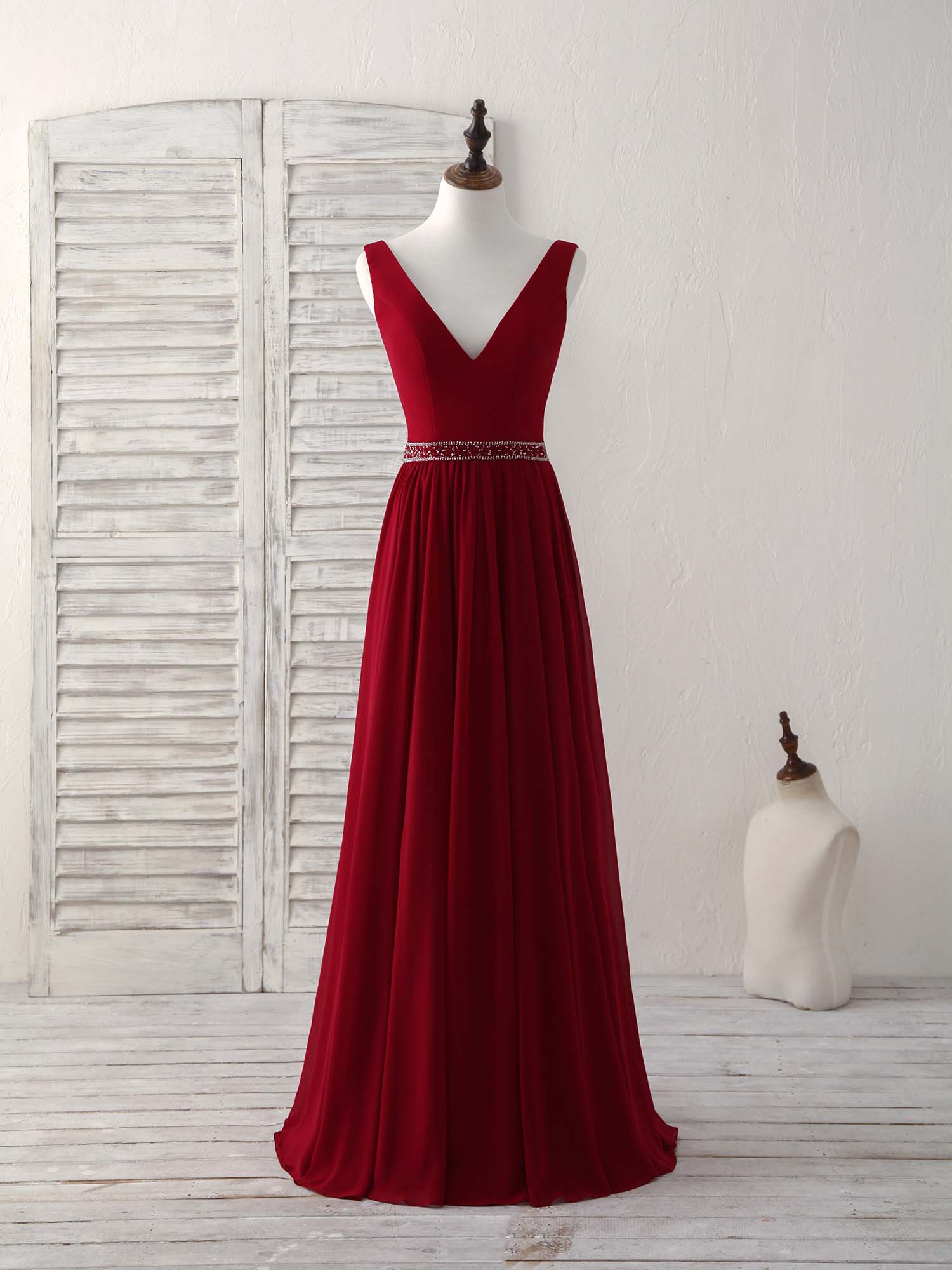 Burgundy Chiffon V Neck Beads Long Prom Dress Burgundy Evening Dress