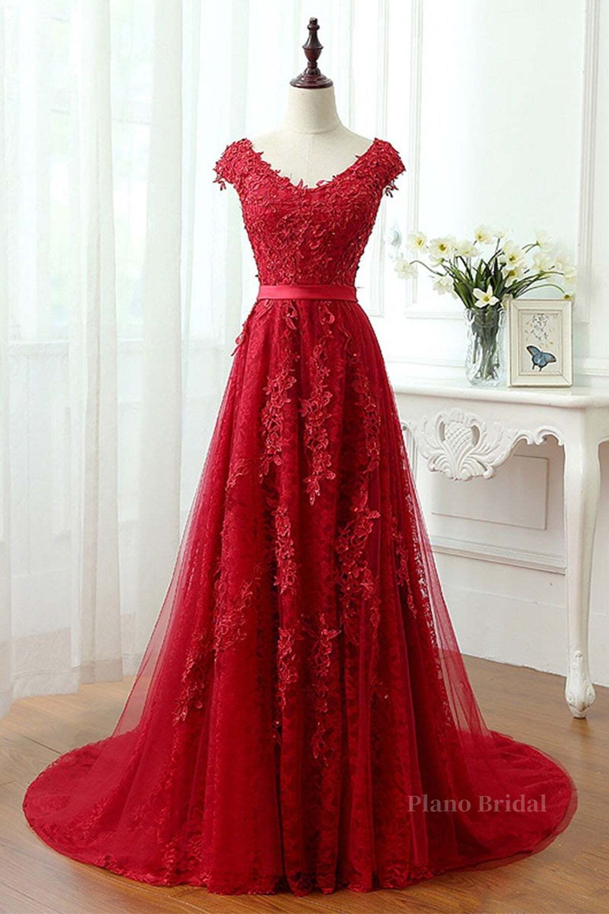 Burgundy Lace Prom Dresses with Train, Wine Red Lace Formal Evening Dresses