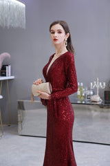 Long Sleeve V Neck Floor Length Crystal Beaded Sequins Mermaid Prom Dresses