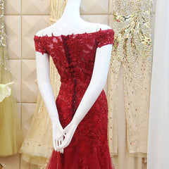 Burgundy Mermaid Tulle Evening Gown with Lace Applique, Off Shoulder Prom Dress