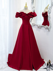 Burgundy Off Shoulder Satin Long Prom Dress, Burgundy Formal Evening Dress