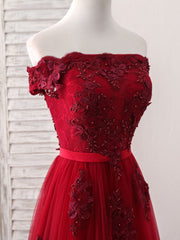 Burgundy Off Shoulder Tulle Lace Applique Long Prom Dress, Evening Dress