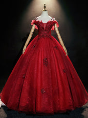 Burgundy Off Shoulder Tulle Lace Long Prom Dress, Burgundy Lace Sweet 16 Dress