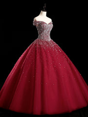 Burgundy Off Shoulder Tulle Sequin Long Prom Dress, Burgundy Sweet 16 Dress