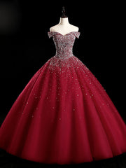 Burgundy Off Shoulder Tulle Sequin Long Prom Dress, Burgundy Sweet 16 Dress