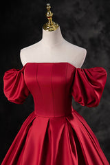 Burgundy Satin Long A-Line Prom Dress, Off the Shoulder Evening Party Dress