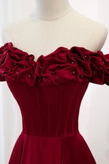 Burgundy Satin Off the Shoulder Beaded Long Formal Dress, Burgundy A-Line Prom Dress