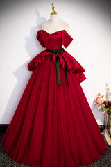 Burgundy Satin Tulle Long Prom Dress, Off Shoulder Evening Dress