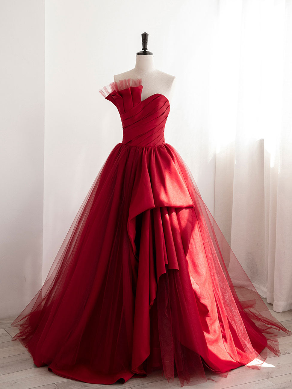 Burgundy Satin Tulle Long Prom Dresses, Burgundy Formal Evening Dresses